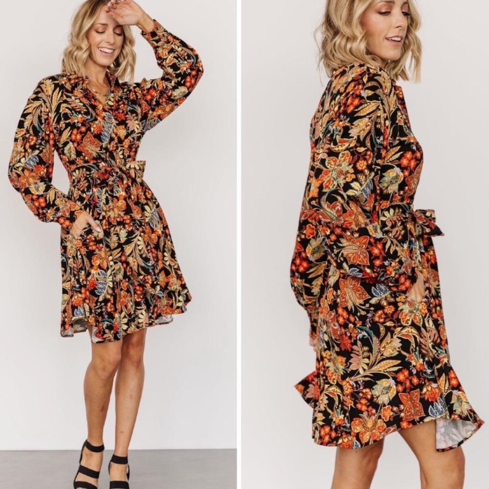 POLAGRAM | Black Orange Floral Button Front Tie Waist Long Sleeve Mini Dress, S